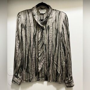VTG Worth women’s 100% silk feather print, button down tie neck blouse, size 10